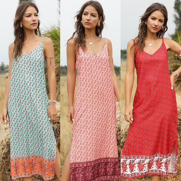 

2021 european and american summer new bohemian print long slim cut split suspender dress for women, Black;gray