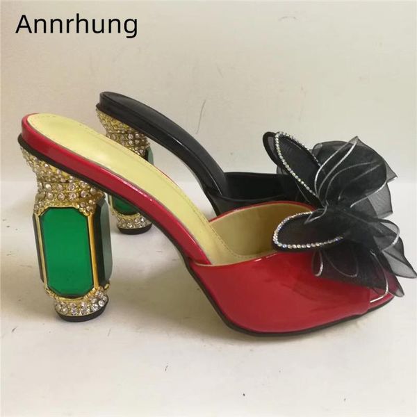 

slippers jeweled air mesh butterfly-knot party shoes woman open toe patent leather diamond high heel rhinestone women, Black