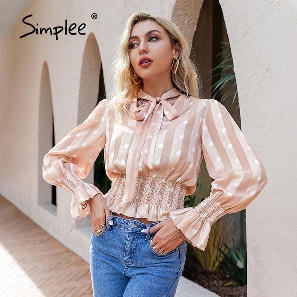 

women's blouses & shirts simplee elegant polka dot lace up women blouse autumn smock poet long sleeve ladies short shirt youth series f, White