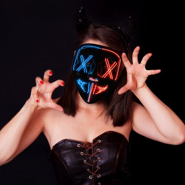 

halloween luminous mask black v with blood horror led grimace el fluorescent atmosphere props