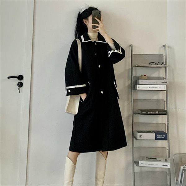 

women's wool & blends 2021 women elegant long coat with solid color sleeve chic outerwear ladies overcoat autumn winter y271, Black