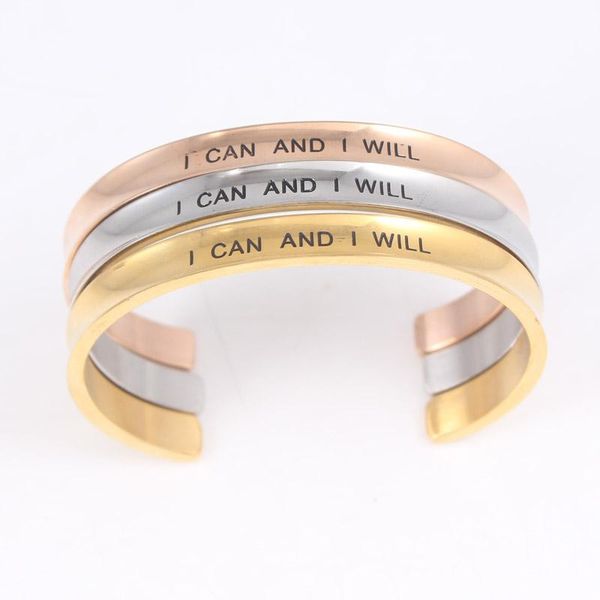 

bangle silver rose gold delicate cuff i can and will inspirational 316l stainless steel open bracelet for women, Black