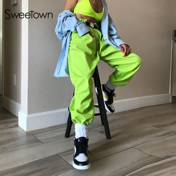 

sweetown fluorescent green hippie high waist trousers women loose spring summer button fly cargo pants streetwear 2021 new, Black;white