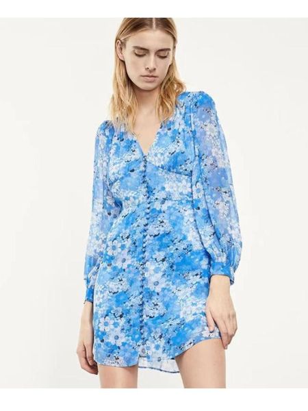 

party dresses women floral print v-neck dress single breasted lantern sleeve high waist mini 2021 spring summer, White;black