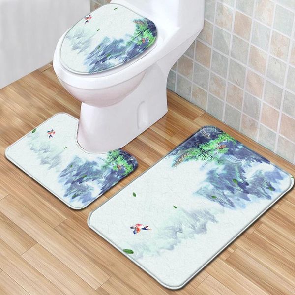 Teppiche Chinesischer Stil Bedruckte Fußmatte 3-teiliges Toilettenteppich-Set Flanell-Bodenmatte Waschbarer Teppich Anti-Rutsch-Teppiche