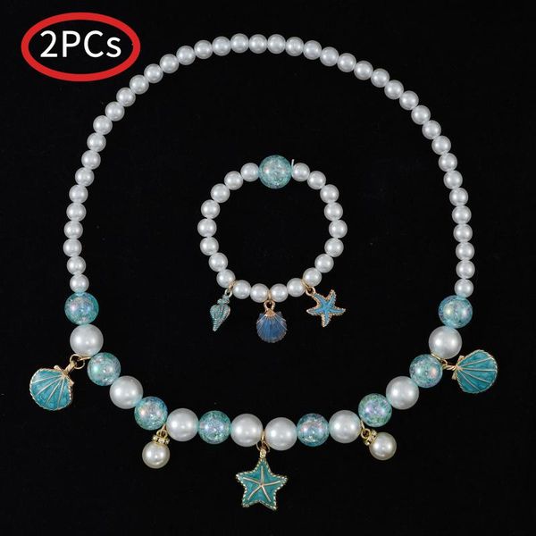 

earrings & necklace girls pearl beaded starfish shell rings fashion pendant kids charm jewelry set for party gift, Silver
