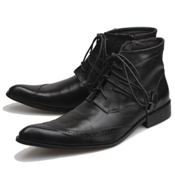 

boots spring autumn men pointed toe height increase ankle male fashion genuine leather dress high botas masculina, Black
