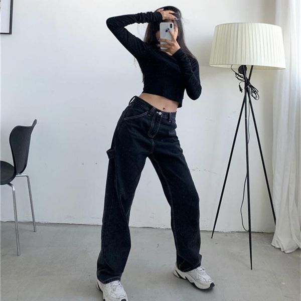 

women's jeans autumn vintage women streetwear high waist boyfriend black wide leg mom woman straight denim pants, Blue