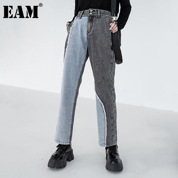 

[eam] blue contrast color spliced denim high waist trousers loose fit pants women fashion tide spring autumn 2021 1dd4123 women's & cap, Black;white