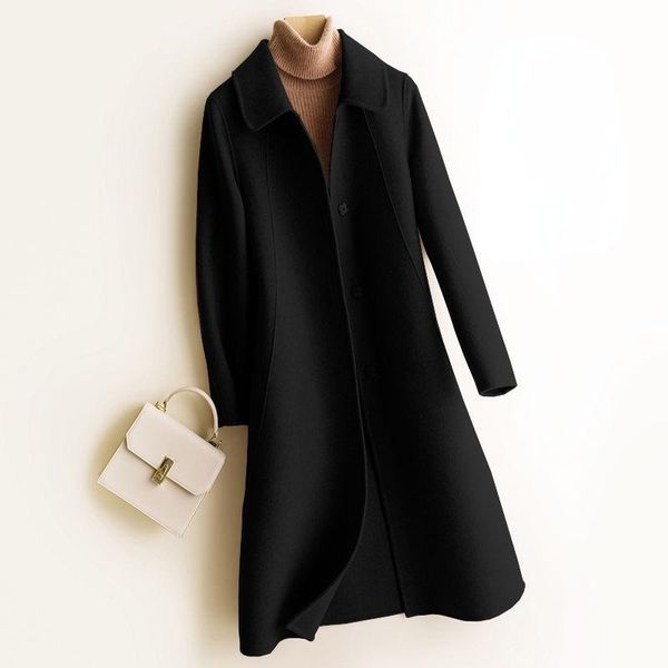

women's wool & blends coat women autumn jacket arrival double-sided cashmere alpaca winter long woolen with button y514, Black