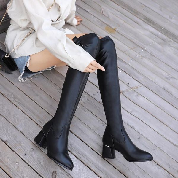 

boots winter over the knee stockings fur womens riding head high leg leather fashion black women shoes 2021