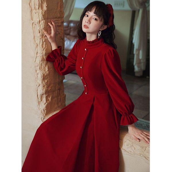 

women elegant velour prom dresses burgundy long sleeve a line evening gowns formal toast clothing vestido de ethnic, Red