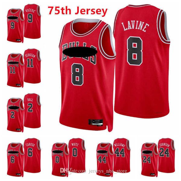 

2021 2022 embroidery men basketball zach lavine 8 demar derozan 11 lonzo ball 2 alex caruso 6 nikola vucevic white williams 75th red jerseys, Black;red