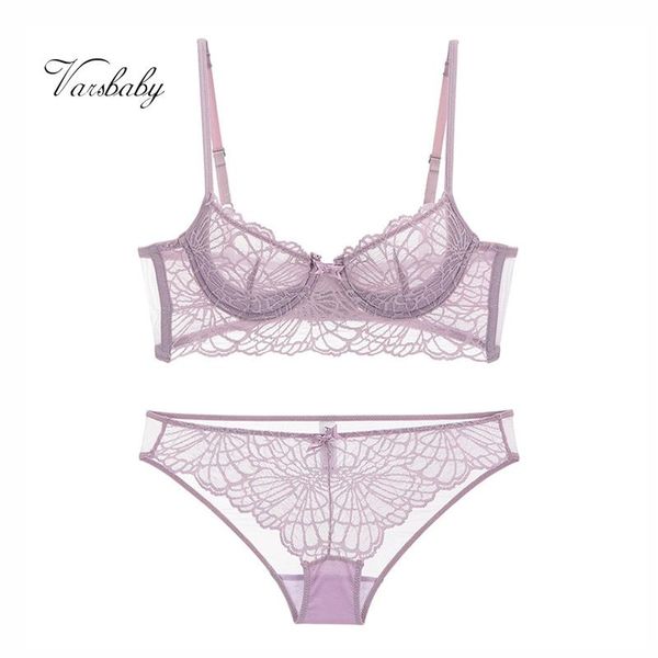 

bras sets varsbaby deep v wide lace underwear unlined thin cotton wire transparent 3/4 cup seamless bra set for women, Red;black