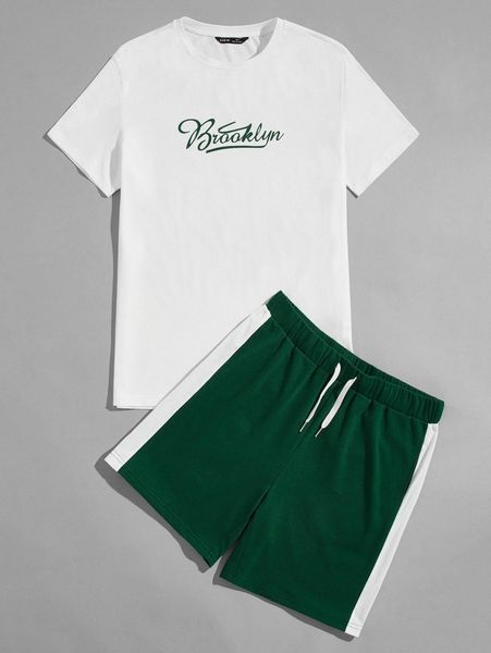 

men letter graphic tee and track shorts set 85b8#, Gray