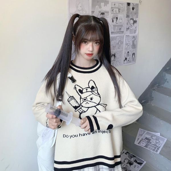 

women's sweaters soft sister sweater long sleeve cartoon anime jacquard loose pullover student wild casual spring autumn japanese wome, White;black