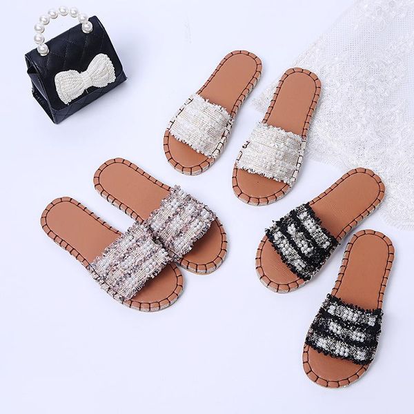 

slippers fashion ladies women pearl mules shoes flock suede flat slides pointed toe slip on loafers female designer shoe, Black