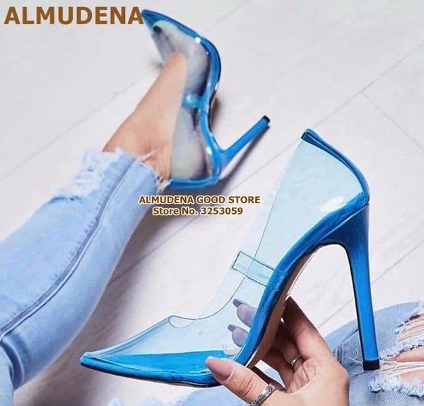 

dress shoes almudena brand transparency pvc shallow pumps pointed toe clear heel blue yellow pink wedding dropship, Black