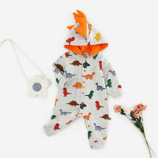 

cute newborn baby boy dinosaur hooded romper jumpsuit cotton clothes, White