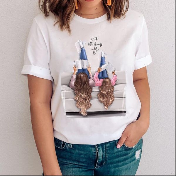 

women t shirts graphic girl daughter lovely time cartoon mom mama mother clothes lady clothing tees print female tshirt, White