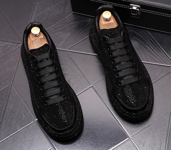 

men diamonds platform loafers punk rock low sneakers flats lace-up round toes breathable party prom shoes fashion men casual shoes, Black