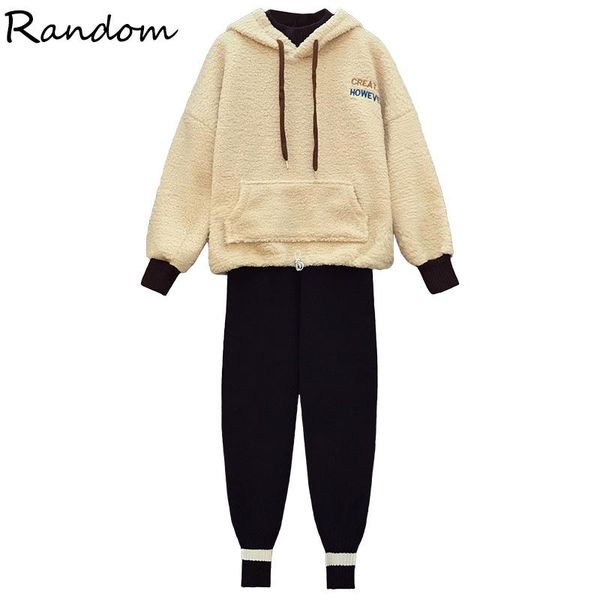 

women's two piece pants winter lamb warm sweatersuit women hooded sweatershirt and knitted wide leg set casual outfits plus size, White