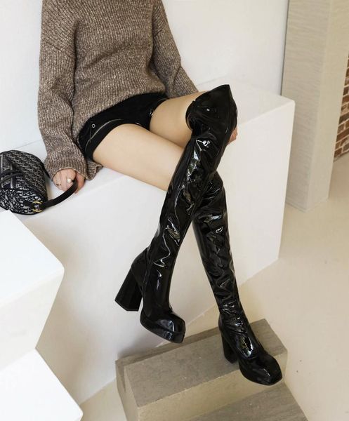 

boots square toe thick heel platform patent leather over-the-knee super high tapered soft plush inner lace-up rider, Black