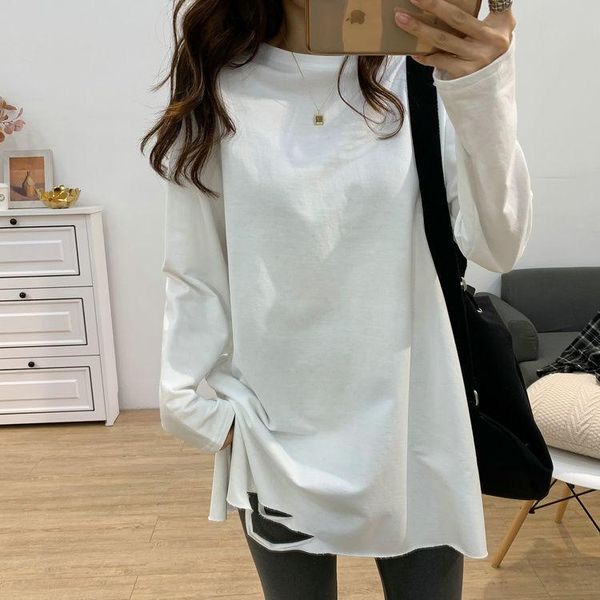 

women's t-shirt autumn and winter white loose long-sleeved ripped top