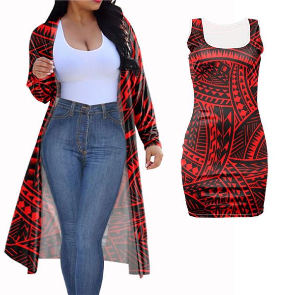 

casual dresses custom women 2 piece clothing set for long coat short party bodycon dress plus size hawaii tribal polynesian style, Black;gray