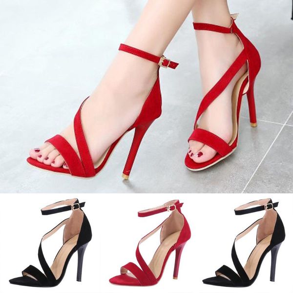 

dress shoes ladies office women's fashion stilettos open toe pump heel sandals ankle strap high female heels, Black