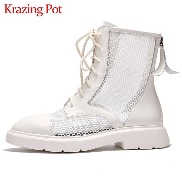 

boots krazing pot genuine leather round toe med heel young lady daily wear high street fashion lace up women summer ankle l5f2, Black