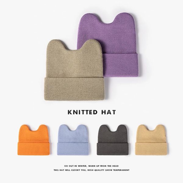 

autumn winter cute rabbit ears knitted beanies hat women solid color outdoor warm student beanie ladies woolen skullies hat, Blue;gray