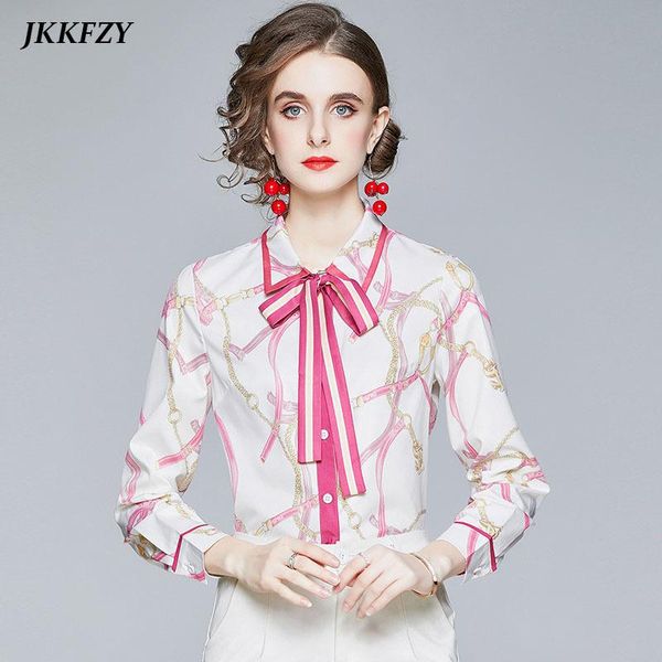 

bow designer runway shirts autumn winter women fashion casual pink loose plus size printed blouse office lady elegant slim women's blo, White
