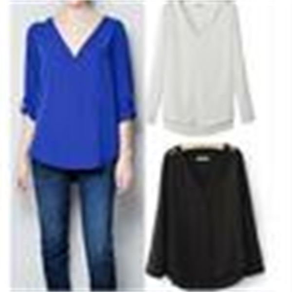 

women's blouses & shirts fashion autumn chic women chiffon v-neck rivet long sleeve shirts womens casual black white blouse e