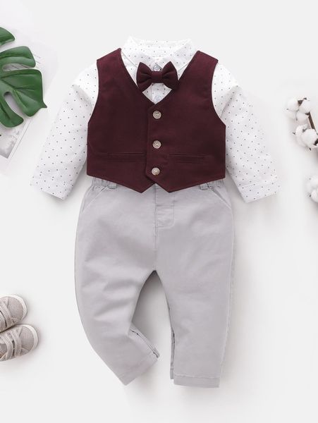 

baby vest jacket & polka dot print bow front bodysuit & pants she, White