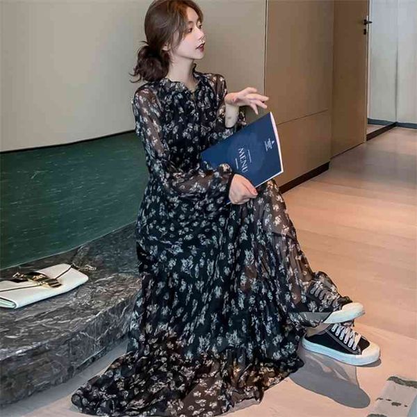 Satış Modern Çiçek Şifon Maxi Uzun Elbise Kol Tropikal Plaj Kız Boho Yaz Moda Siyah Femme Robe 210514