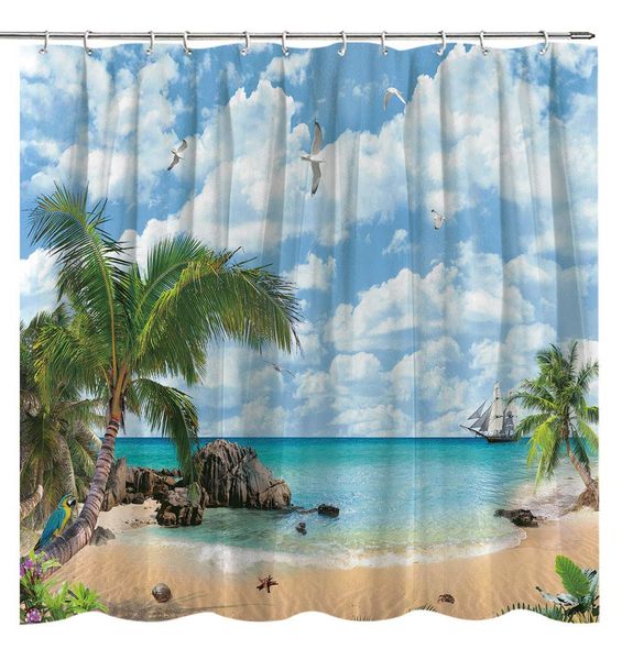 

beach tropical shower curtain tropical coastal sailboat seagull palm seastar seashell bathroom curtains set beach oceanside