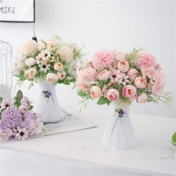

artificial fake rose or tea bud flowers leaf 7-head party bouquet table for home wedding decoration decorative & wreaths
