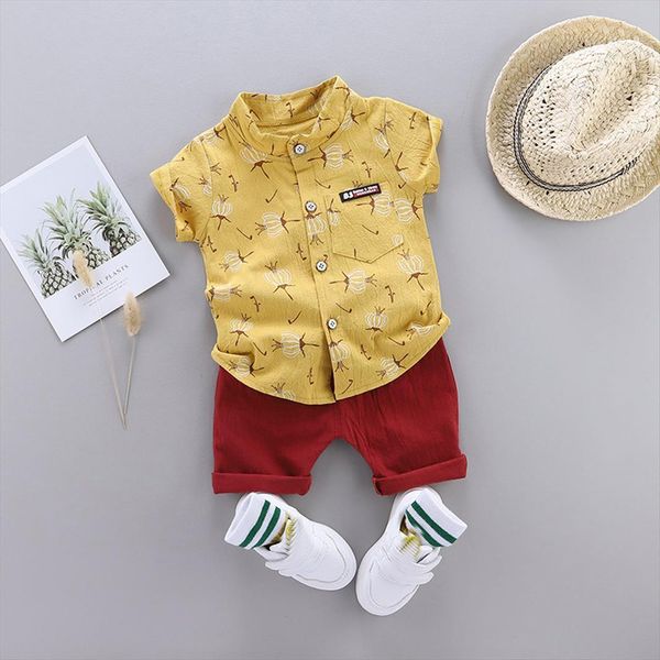 

infant baby boys summer outfit set gentleman flower print short sleeve shirt casual pants for kid toddler outfits, White