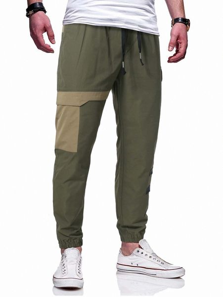 

men strap detail contrast panel drawstring waist joggers s4b8#, Black
