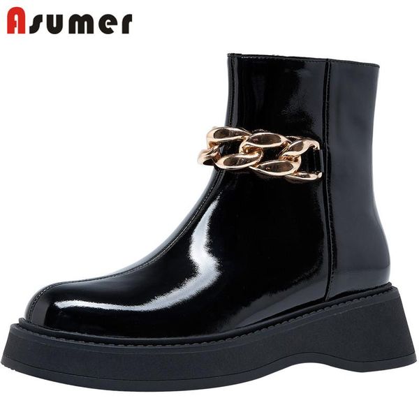 

boots asumer 2022 flat platform shoes women ankle patent leather chain round toe comfortable casual, Black