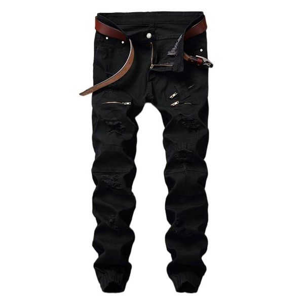 

men's jeans moto & biker men black distressed slim stretch jogging pants for man fake zippers hip hop mens ripped frayed no belt, Blue
