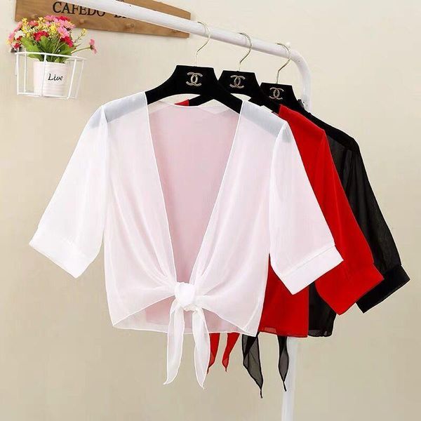 

women's t-shirt shawl-style summer all-match short chiffon sunscreen cardigan with a thin western style jacket and skirt, White