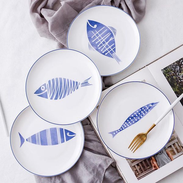 

1pc ceramic dinner plate 8 inch dish bone china tableware cute fish printed porcelain serving dishes & plates