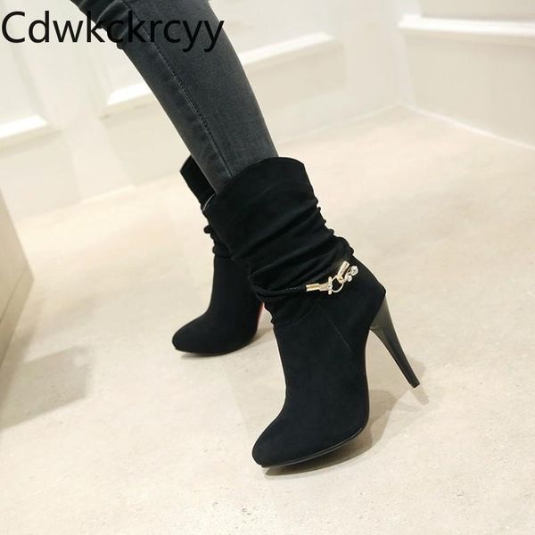 

boots winter the fashion pointed fine heel black rhinestone plus velvet keep warm high women 34-46