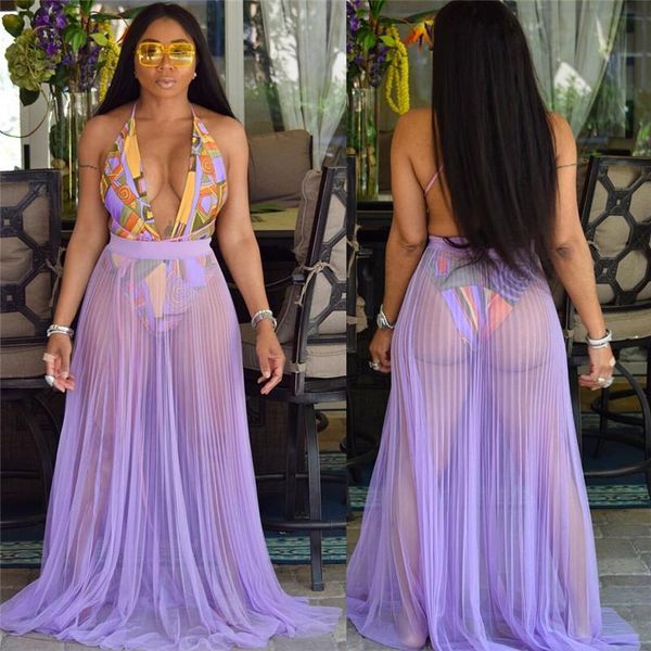 

one-piece suits summer women's set 2021 one piece swimsuit women v neck halter swimwear and high waist chiffon pleated skirt beach cove