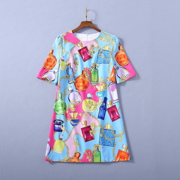 

casual dresses new european and american women's dresses for spring 5 minutes of sleeve perfume bottle printed nail beads fashion dress, Black;gray