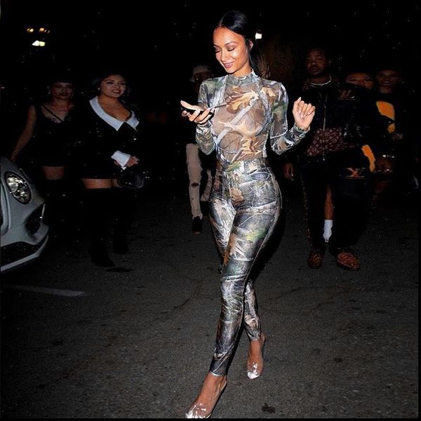

leaves print two piece womenpant set mesh bodysuit long sleeve leggings bodycon streetwear autumn winter matching, White