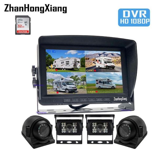 

4x hd 1080p 4pin ir reverse front side rear view 360 backup camera kit + 7" ips quad split car sd dvr monitor system 12v-24v cameras& p