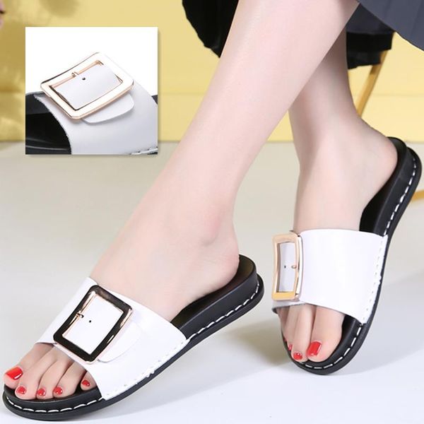 

slippers women slipper wedges platform genuine split leather slides buckle solid flip flop slip on sandals ladies shoes zapatos de mujer, Black